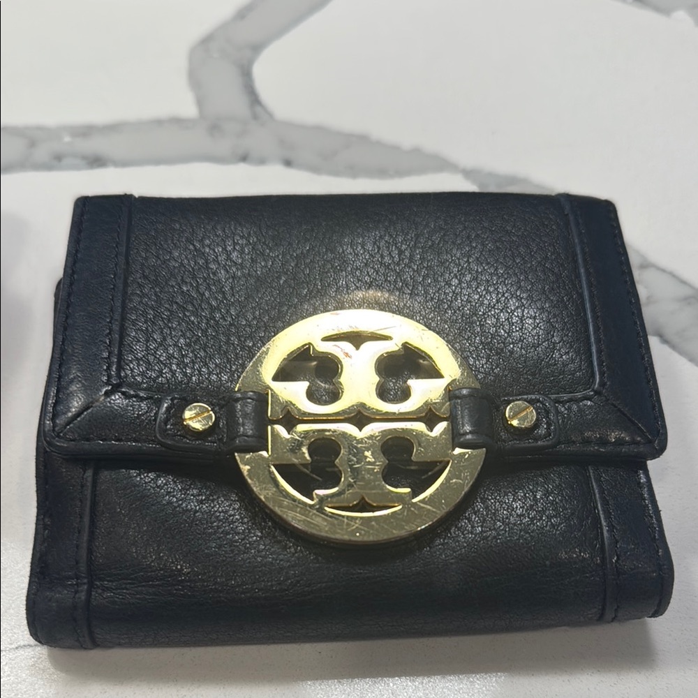 Tory Burch Black Leather wallet with Gold Emblem